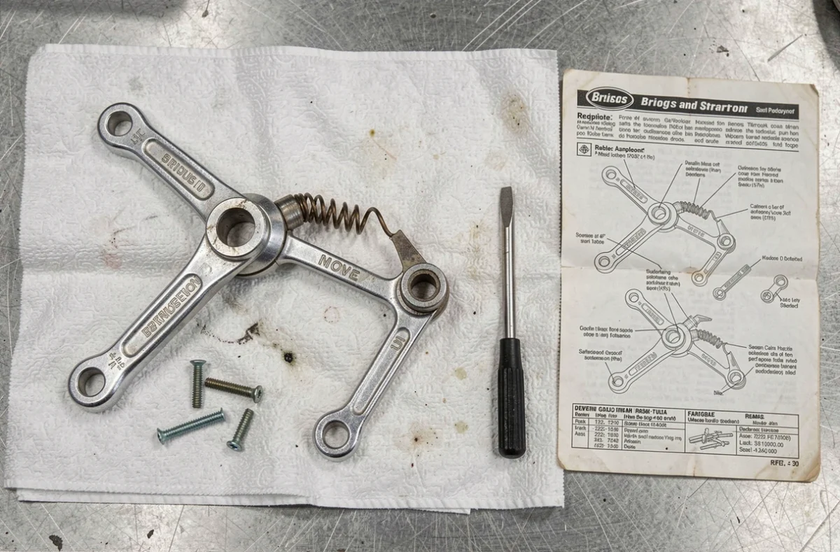 Vue de dessus du système de tringlerie régulateur Briggs et Stratton avec ressort monté et guide de réglage imprimé